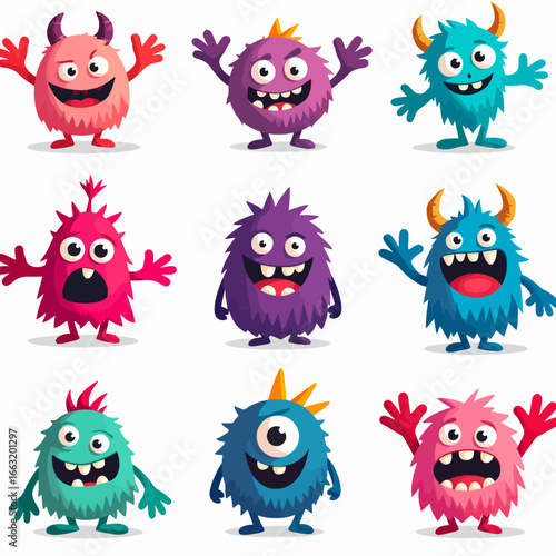 Big set of cute monsters icons. Stickers with mutants, demons and aliens with sharp teeth, tongues and eyes. Funny scary baby creatures. Cartoon flat vector collection isolated on white background