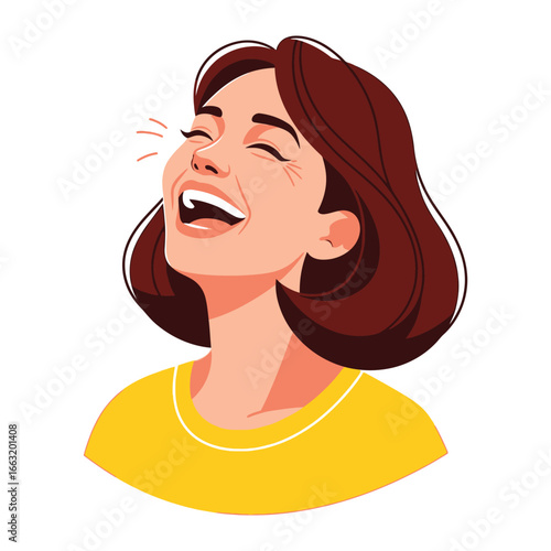 Joyful Laughing Woman: Capturing a woman in a moment of unbridled laughter and genuine happiness, with a focus on her expressive face and the pure joy she embodies.