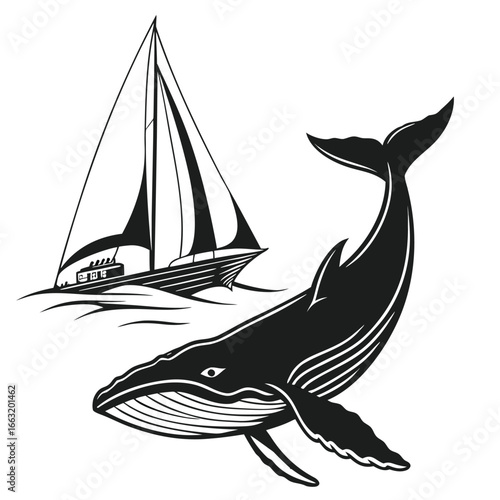 Whale breaching near sailboat silhouette