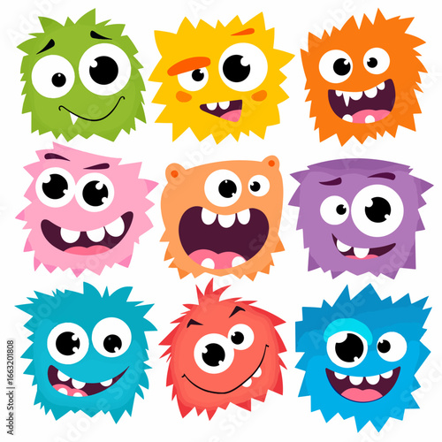 Cute colorful cartoon monsters with one eye, three eyes, horns, tentacles, funny expressions, isolated characters set for kids, games, Halloween, vector illustration