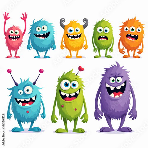 Cute colorful cartoon monsters with one eye, three eyes, horns, tentacles, funny expressions, isolated characters set for kids, games, Halloween, vector illustration