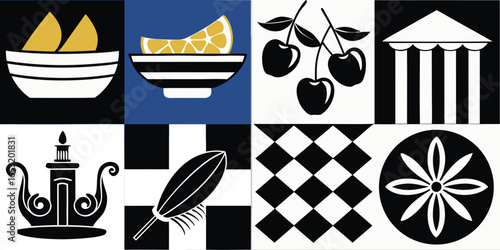 A black and white collage of classic Italian and Mediterranean-themed items arranged in two rows. The top row features a pizza, a branch of olives, a pile of short pasta (possibly cavatappi or fusilli