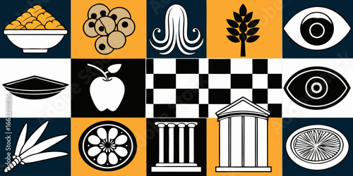 A black and white collage of classic Italian and Mediterranean-themed items arranged in two rows. The top row features a pizza, a branch of olives, a pile of short pasta (possibly cavatappi or fusilli