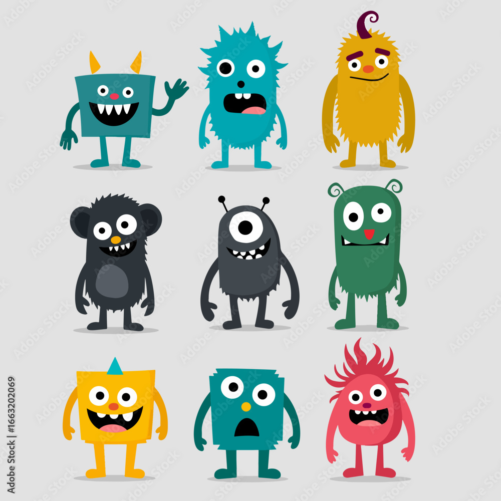 Fototapeta premium Monster icon set line. Happy Halloween. Cute cartoon kawaii colorful scary funny character.