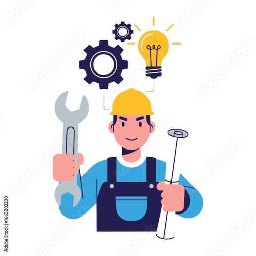 Craftsman with Idea and Tools: A skilled craftsman, wearing a hard hat, holds a wrench and a tool, and envisions a bright idea, symbolized by a glowing lightbulb and gears.