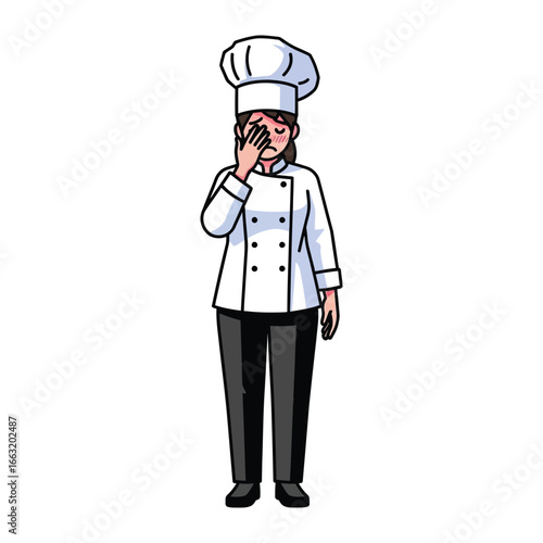 Overwhelmed Chef: A chef, clad in traditional attire, grapples with stress, hand covering face, conveying weariness, challenges, and pressures of demanding culinary world. 