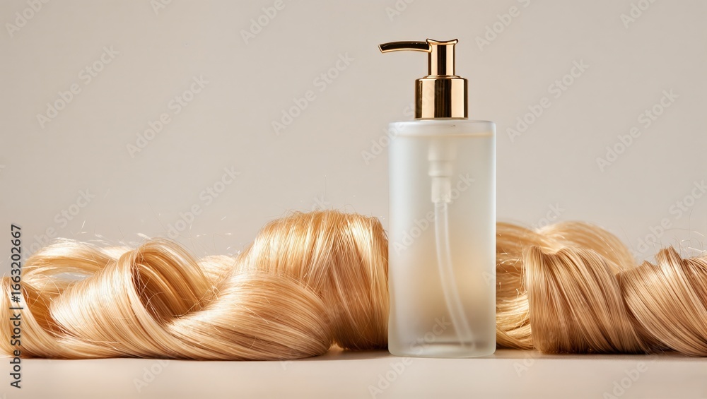 Naklejka premium an elegant shampoo bottle surrounded by curls of golden synthetic hair