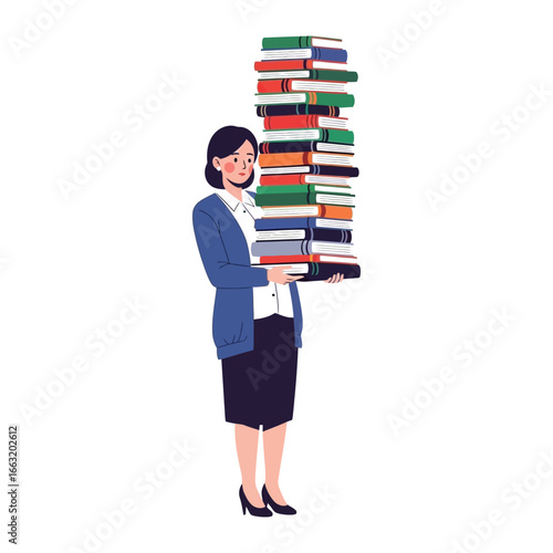 Woman with Books: A determined woman with a warm smile gracefully navigates a towering stack of books in her arms, demonstrating unwavering dedication to education and personal enrichment.
