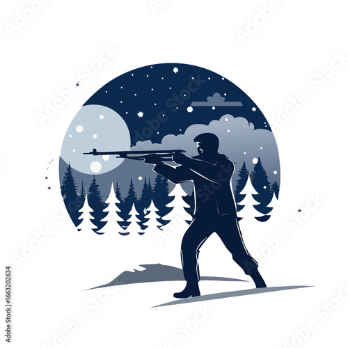 Hunter aiming with rifle in forest at night with moon and stars