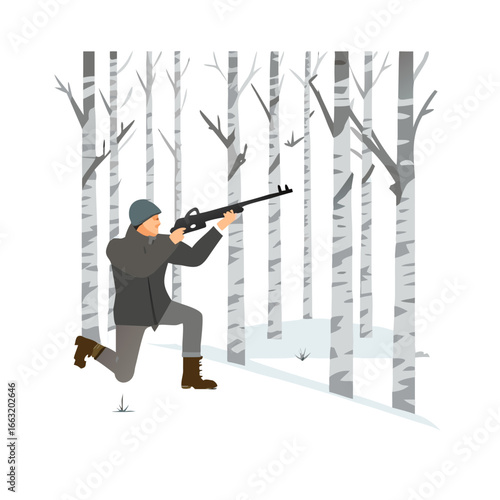 Hunter running with rifle in forest