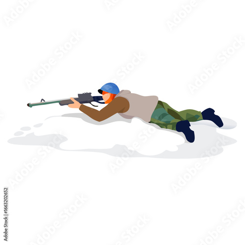 Biathlete lying on the snow and aiming a rifle