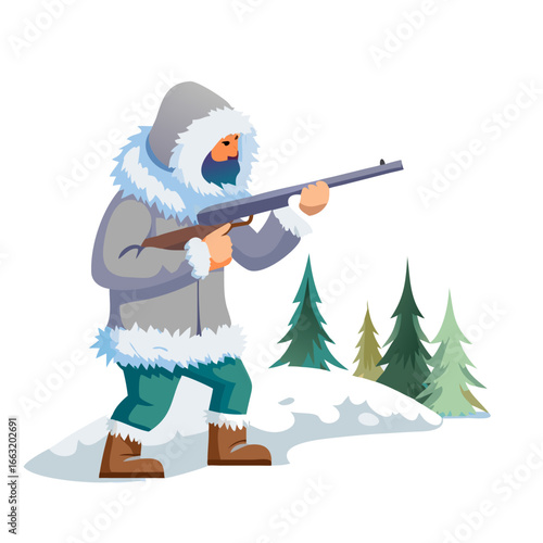 Hunter with a rifle in a snowy forest