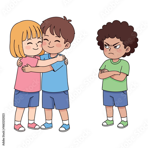 Friendship Dynamics: Two children embrace in a heart warming hug, while another child watches with a look of jealousy, capturing the complex emotions of childhood friendship dynamics.