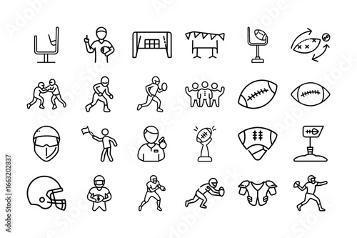 American Football Vector Icon Set. Football, Game, Player, Helmet, Referee, Football Field, Touchdown, Sport, Football Trophy, Team, Football Gear, and more. Editable Stroke. Vector Illustration.