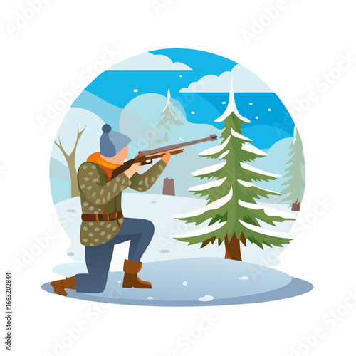 Biathlete kneeling with rifle in winter sport in nature
