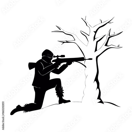 Silhouette of biathlete kneeling with rifle in winter sport