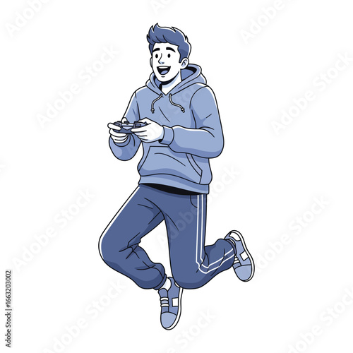 Gamer's Elation: A young male gamer levitates with unrestrained euphoria while clutching a gamepad, absorbed by the virtual universe of gaming.