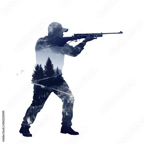 Silhouette of a hunter aiming rifle with forest landscape