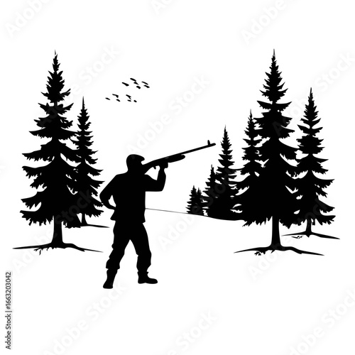 Silhouette of a hunter aiming a rifle in a forest