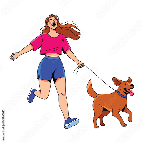 Joyful Companion: A vivacious individual, exuding happiness, joyfully strides beside a playful canine friend, symbolizing the bond of companionship and the pure pleasure of outdoor activity.