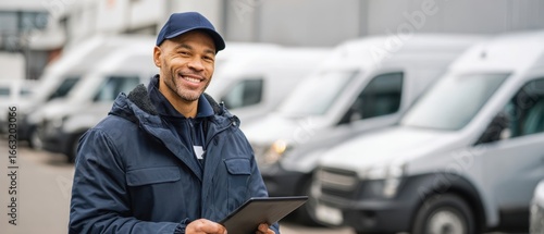 The delivery professional smiling confidently in front of a fleet of vans.