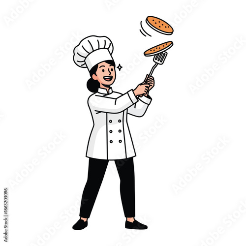 Culinary Flourish: A skilled cook, adorned in a pristine chef's hat and uniform, showcases a playful flair by expertly flipping pancakes in mid-air, representing the joy and art of gastronomy.