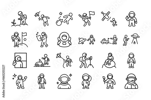 Astronaut Vector Icon Set. Space, Space Exploration, Astronaut, Spacewalk, Satellite, Rocket, UFO, Moon, Mars, Space ,Mission, Exploration, Alien, and more. Editable Stroke. Vector Illustration.