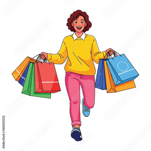 Shopping Spree Delight: A joyful individual strides forward, brandishing a plethora of colorful shopping bags, reflecting pure shopping satisfaction.