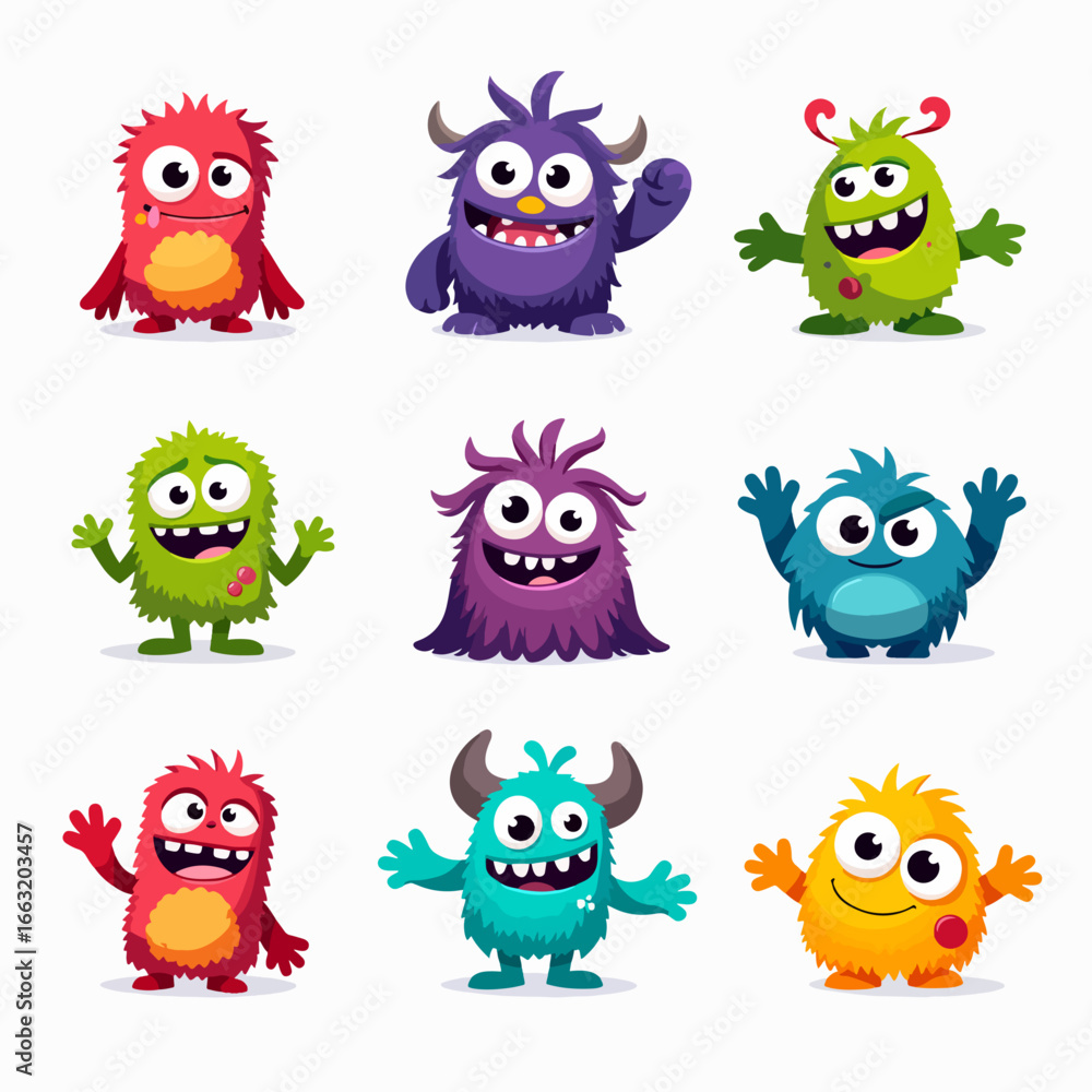 Fototapeta premium Cartoon monsters set, cute colorful fantasy creatures, funny characters with unique shapes, vector illustration 