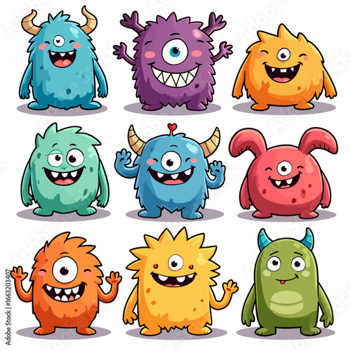 set of cartoon monsters. Cute monster in flat style. Kids funny character design for posters, cards, magazins. Rainbow monsters. Vector illustration
