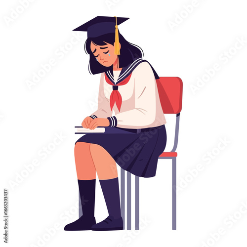Academic Blues: A dejected student in a graduation gown and cap slumps on a chair, clutching a book, with an air of fatigue and the weight of academic pressures.
