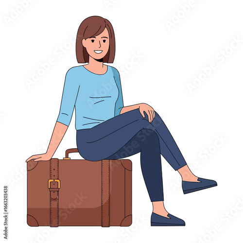 A Traveler's Pause: A woman sits poised on her vintage suitcase, lost in thought, embodying the spirit of adventure and anticipation.