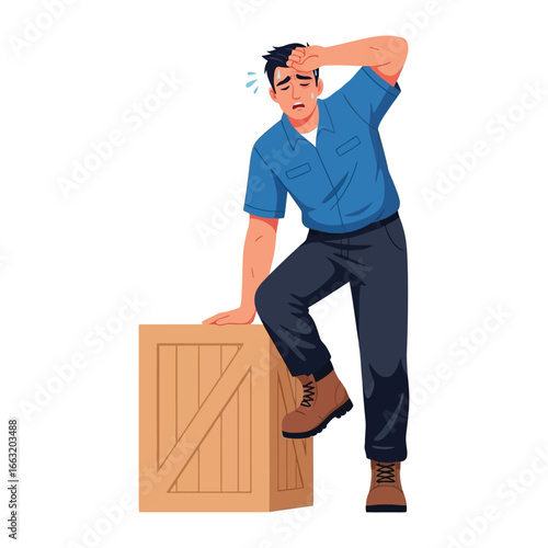 Man's Exhaustion During Work: A weary worker rests on a wooden crate, wiping sweat from his brow in a meticulously crafted illustration emphasizing dedication.
