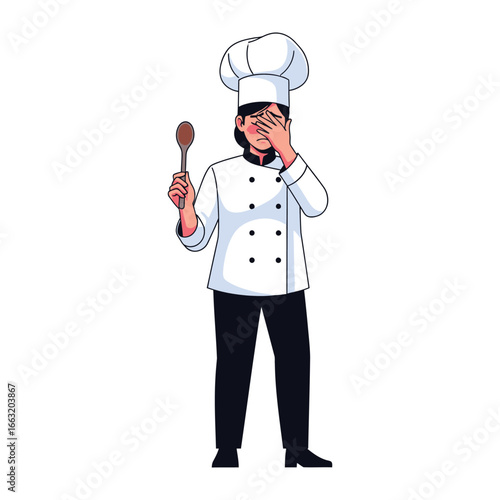Chef's Culinary Conundrum: A skilled chef, clad in pristine whites and towering toque, grapples with an unforeseen kitchen mishap, evoking both humor and relatable culinary frustration