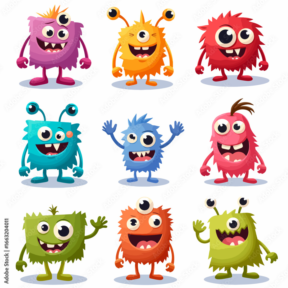 Fototapeta premium Monster set line. Colorful silhouette monsters. Happy Halloween. Cute kawaii cartoon funny boo character