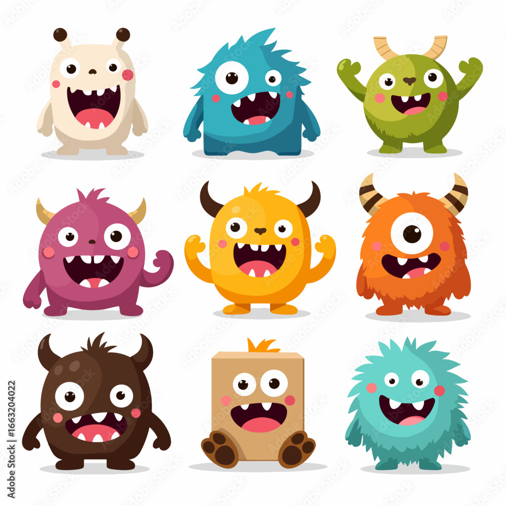 Fototapeta premium Monster set line. Colorful silhouette monsters. Happy Halloween. Cute kawaii cartoon funny boo character
