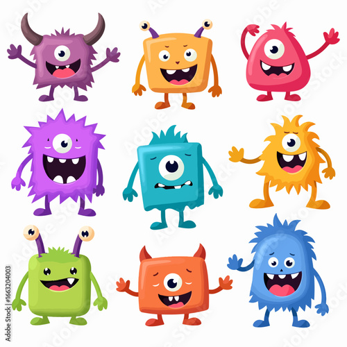 Monster set line. Colorful silhouette monsters. Happy Halloween. Cute kawaii cartoon funny boo character