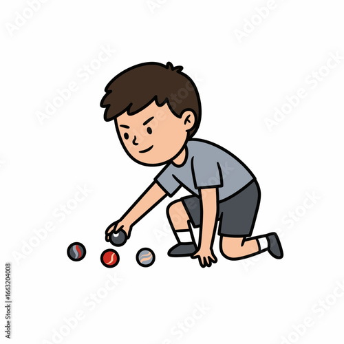 Focused cartoon boy in a grey shirt kneeling to play with colorful marbles.