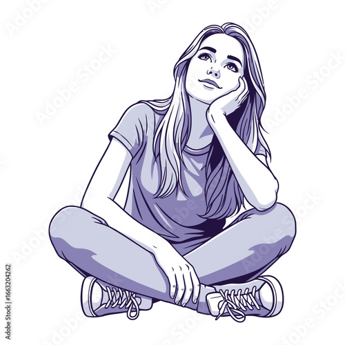 Daydreaming Girl: A young woman sits in a cross-legged pose, lost in thought, gazing upwards with a serene expression on her face.