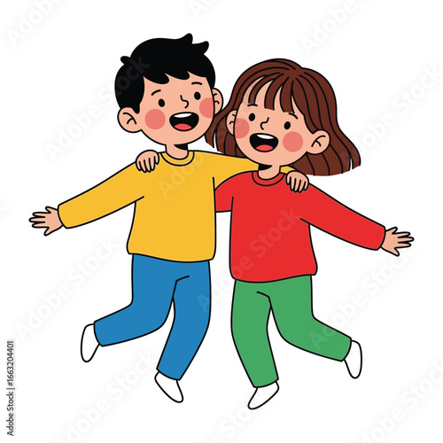 Best Friends' Bond: Two young friends, filled with happiness, playfully embrace in a heartwarming illustration of camaraderie and friendship. 