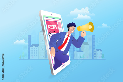 A businessman makes an important announcement with a megaphone, emerging from a smartphone screen in this dynamic vector illustration of breaking news and digital public relations.