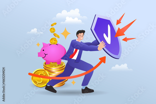 A businessman actively protects his savings and piggy bank with a large shield in this vector concept, symbolizing financial security, risk management, and safe investment for future growth.