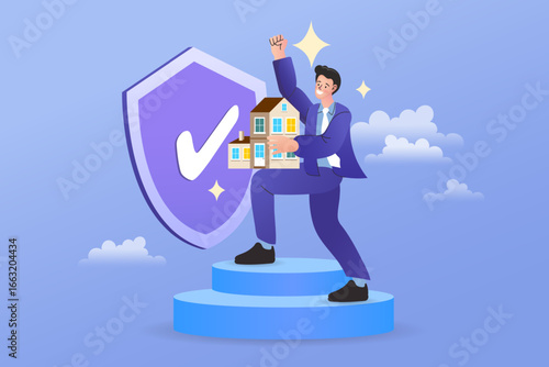 A happy businessman proudly holds a house model in this vector illustration, with a large shield behind him symbolizing the concept of home insurance, property protection, and security.