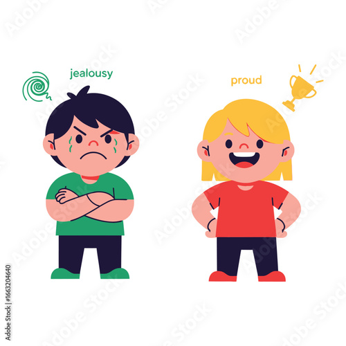 Emotions: Jealousy vs. Pride: A visual narrative that contrasts the feelings of jealousy and pride. A green-shirted figure, expressing jealousy, is depicted alongside a figure radiating pride.