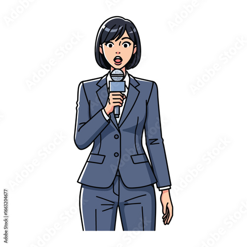 Media Announcement: A confident female reporter delivers breaking news through a microphone, dressed professionally in a stylish business suit against a clear background.