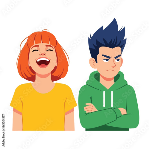 Contrasting Emotions: Depicting the duality of human experience, this illustrative portrayal captures two distinct emotional states: mirth and annoyance.