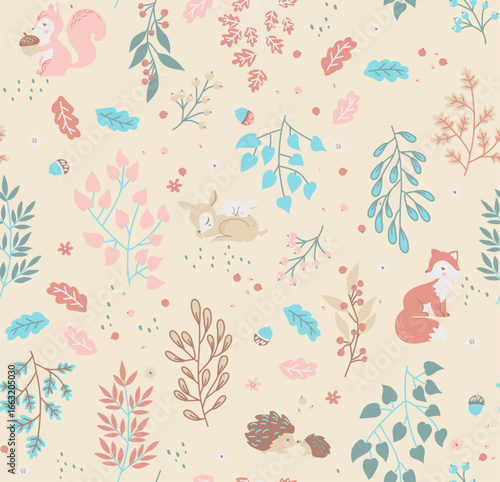 Forest seamless pattern with cute animals - fox, deer, squirrel, rabbit, hedgehog. A pattern of leaves and berries. Vector illustration	