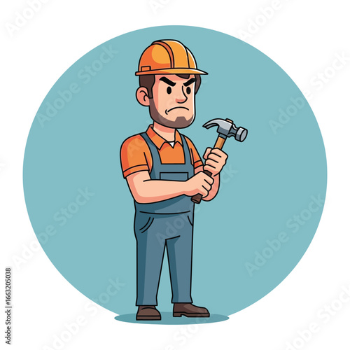 Construction Worker: A construction worker, clad in an orange shirt and blue overalls, brandishes a hammer in a determined stance, representing hard work and precision.