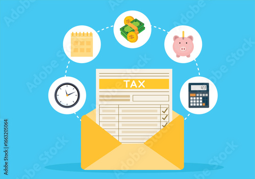 Concept tax payment. Data analysis, paperwork, financial research report and calculation of tax return. Payment of debt
