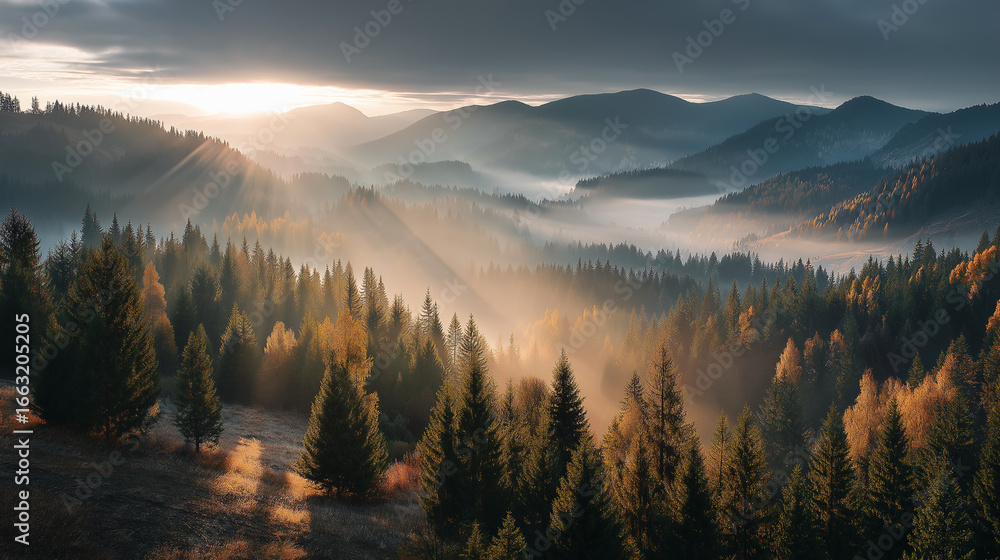 Obraz premium A breathtaking view of a misty mountain landscape at sunrise, with sun rays piercing through the clouds and illuminating a dense forest of evergreen trees. The serene scene captures the beauty of